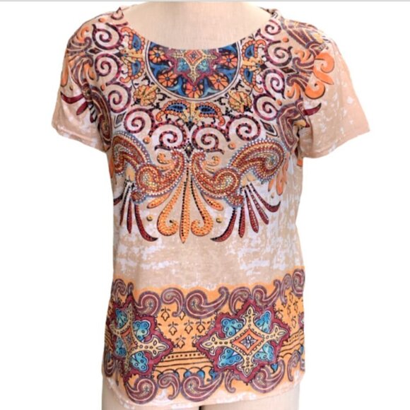 Lisa International Beaded Sequin Short Sleeve Tee Top Sz L #10F - Picture 2 of 7